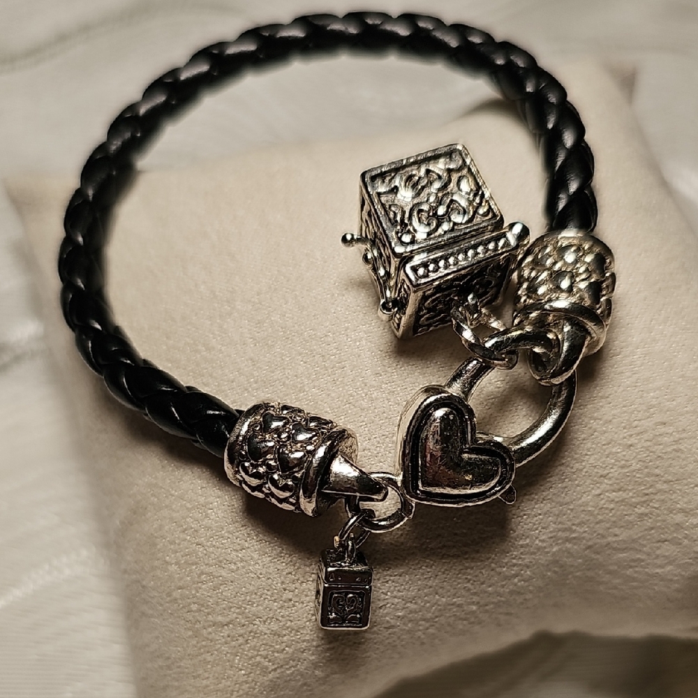 Braided Black Leather Bracelet With Heart Clasp Box Charms